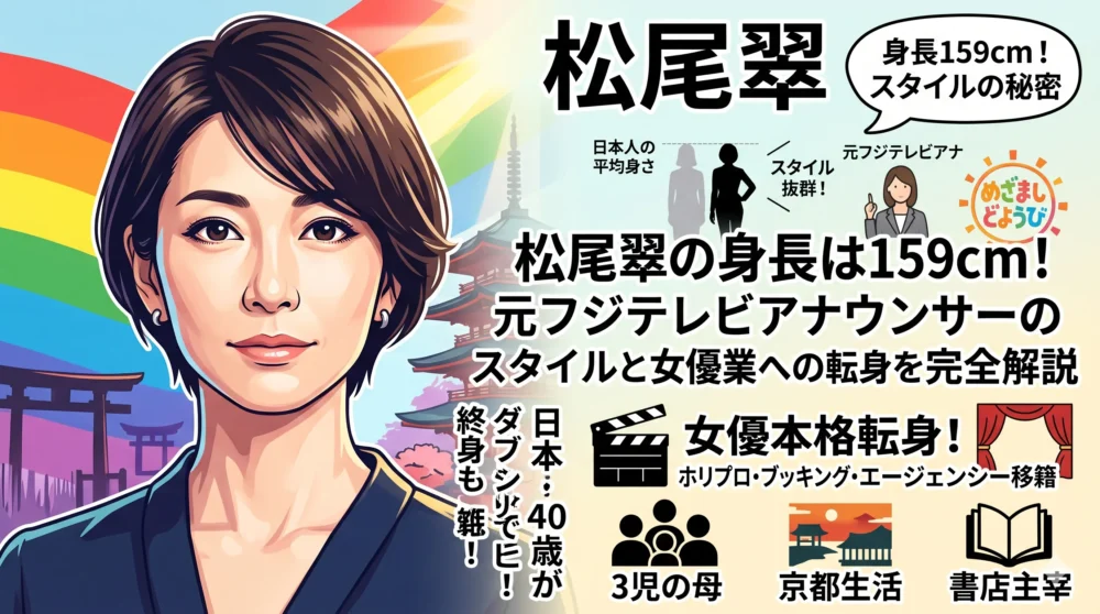 松尾翠の魅力（身長159cm、元アナウンサー、女優転身）を詰め込んだ、誰もがクリックしたくなるアイキャッチ画像。