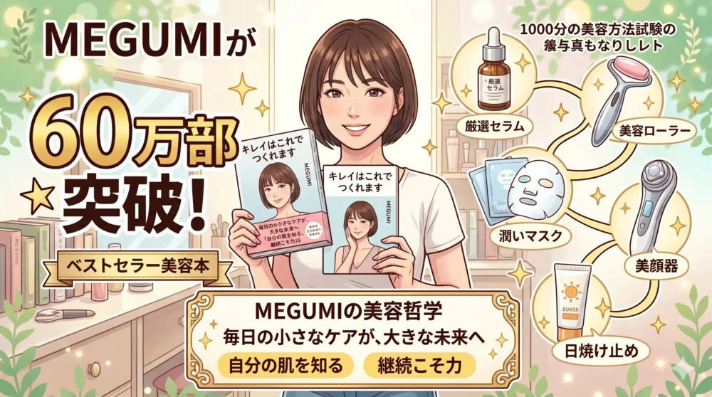 MEGUMIの美容哲学とベストセラー美容本「キレイはこれでつくれます」を紹介するイラスト