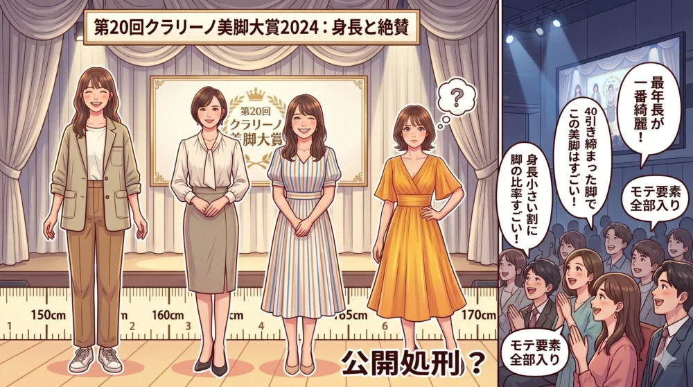2024年クラリーノ美脚大賞授賞式で「公開処刑」と話題になったMEGUMIのエピソードを解説するイラスト