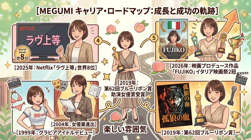 MEGUMIのグラビアから女優、プロデューサーへのキャリアと実績を紹介するイラスト