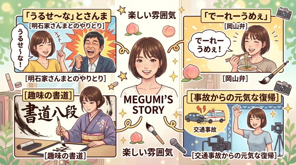 MEGUMIの素顔や意外なエピソードを紹介するイラスト(さんま、岡山弁、事故)