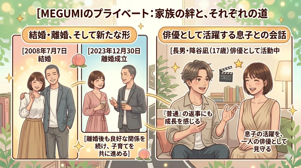 MEGUMIの家族・プライベート(降谷建志との結婚・離婚、息子)を紹介するイラスト