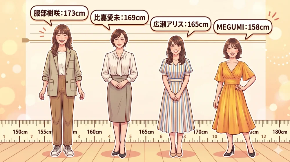 MEGUMIと他の芸能人の身長比較図(服部樹咲、比嘉愛未、広瀬アリス)