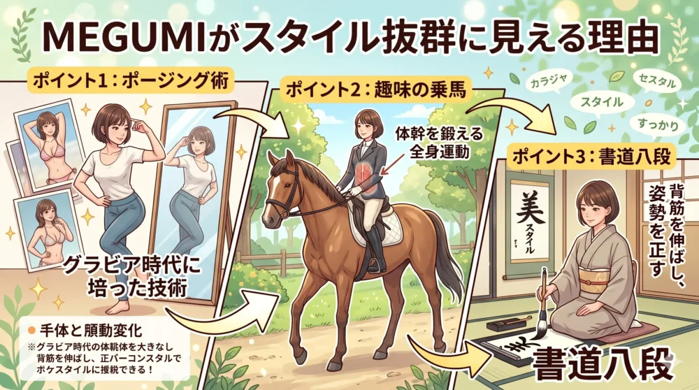MEGUMIが158cmでもスタイル抜群に見える理由(ポージング、乗馬、書道)を解説するイラスト