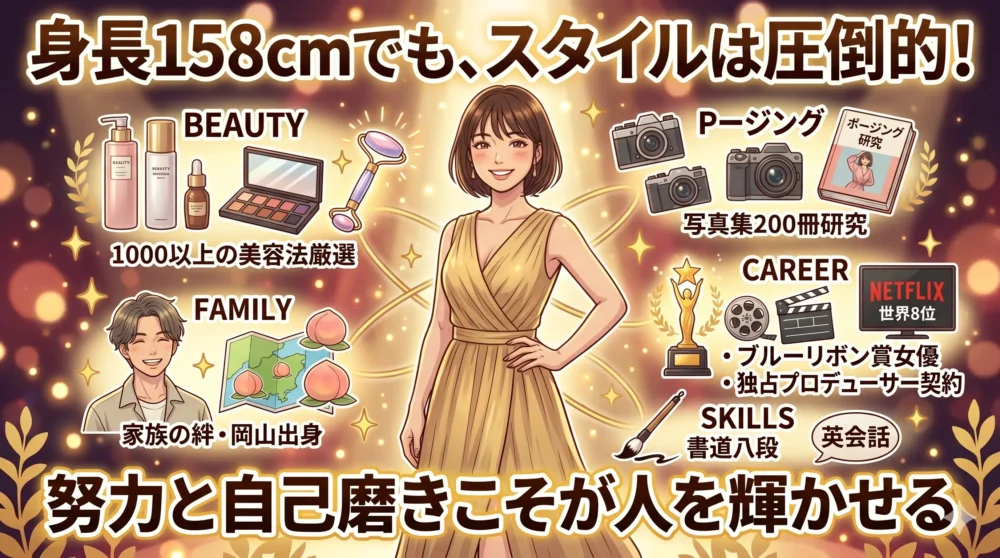 158cmのMEGUMIが証明する「身長より魅力」をまとめたイラスト
