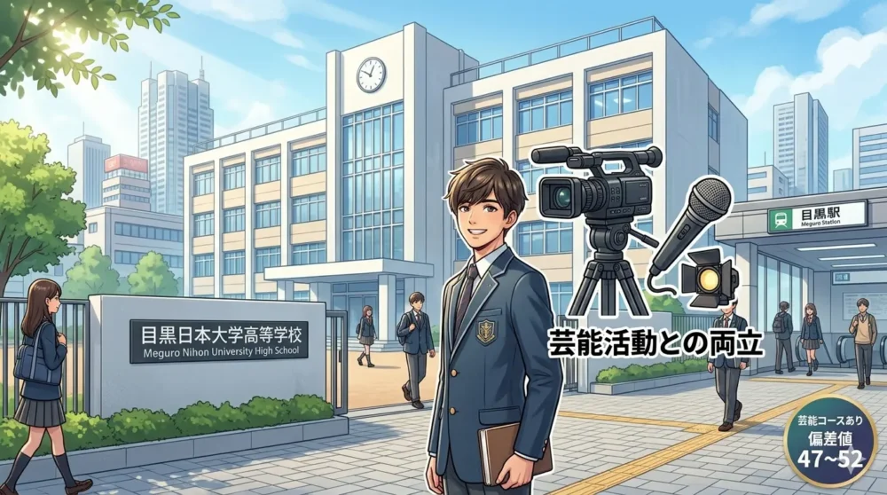 市村優汰が進学した目黒日本大学高校のイメージイラスト。芸能活動と両立できる環境。