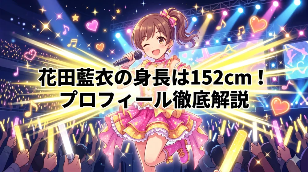 「花田藍衣の身長は152cm」の記事タイトルが入った、華やかなアイドルのアイキャッチイラスト