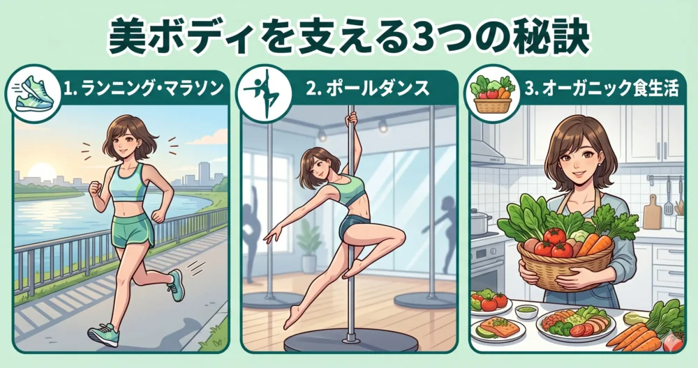 ランニング、ポールダンス、オーガニック食生活の3つの秘訣で美ボディを維持する女性のイラスト図解