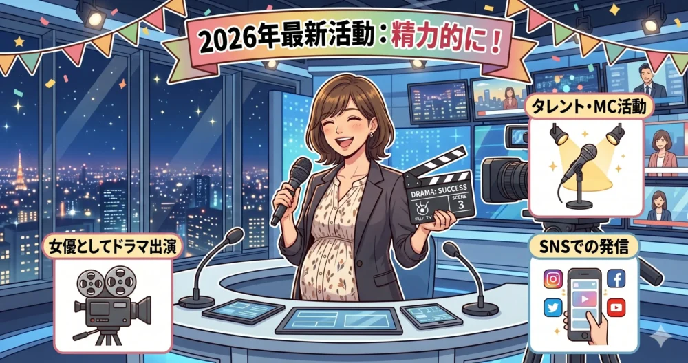 女優・タレント・MCとして2026年も精力的に活動する、第3子妊娠中の元アナウンサーのイラスト