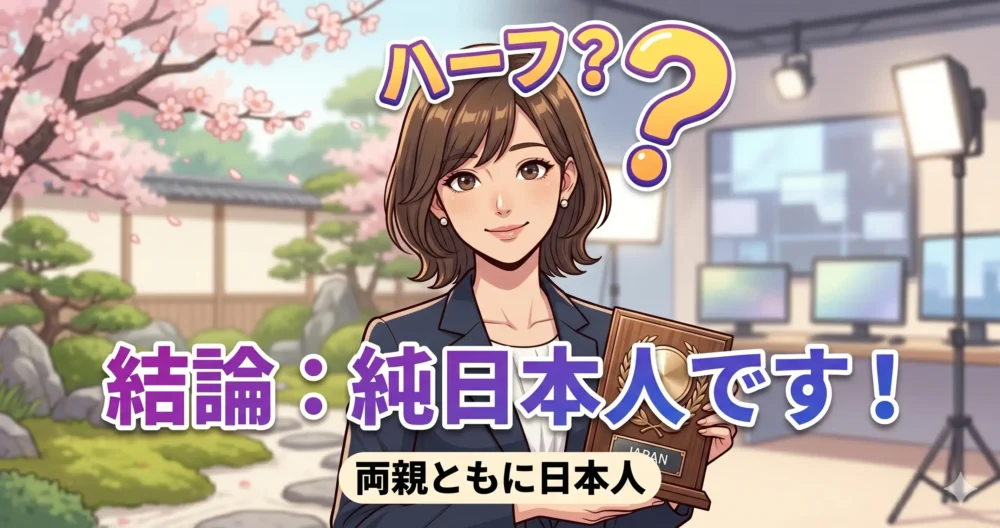 「ハーフ？」という疑問を打ち消し、純日本人であることを説明する元アナウンサー女性のイラスト