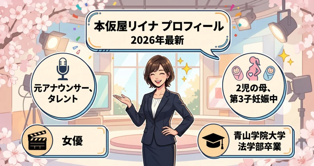 元アナウンサーでタレント、2児の母としての基本情報をまとめたプロフィール表のイラスト