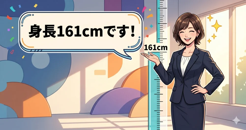 身長161cmを定規と並べてアピールする、元東海テレビアナウンサーの女性イラスト