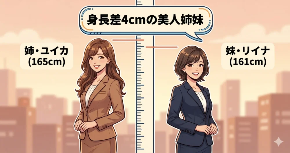 165cmの姉（ユイカ似）と161cmの妹（リイナ似）の身長差4cmを視覚的に表したイラスト比較図