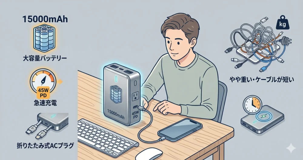 モバイルバッテリーのデメリット(重量感・内蔵ケーブルの短さ)を確認するユーザーのイラスト