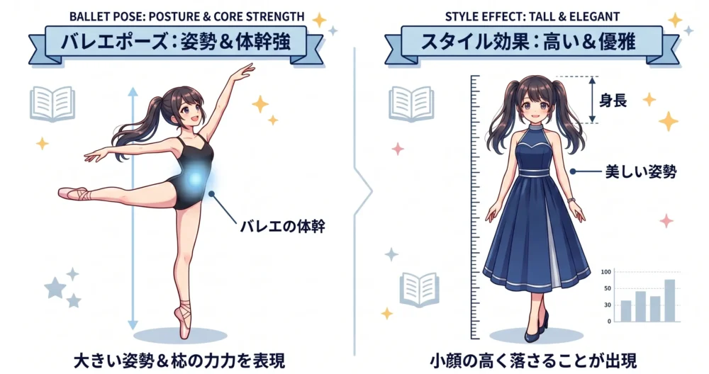 14年間のモダンバレエ経験による美しい姿勢と体幹が、身長151cmでもスタイルが良く見える秘密であることを示す図解イラスト