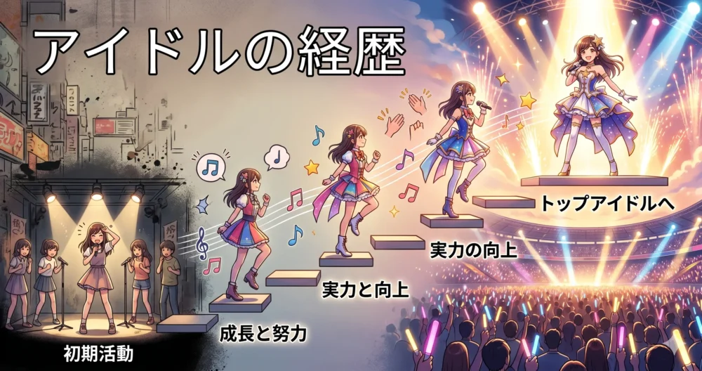地下アイドルグループから「フルコース」へ、複数のグループを渡り歩き実力を磨いてきた中川心の経歴を表現したイメージイラスト