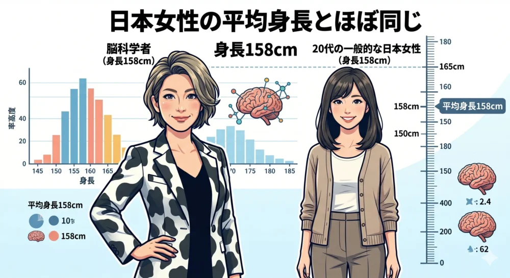 中野信子さんの身長158cmを、日本女性の平均身長(20代)と比較したイラスト。ほぼ同じであることがわかる。
