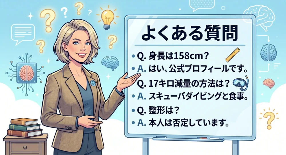 中野信子さんの身長や体型について、よくある質問をQ&A形式でまとめたイラスト