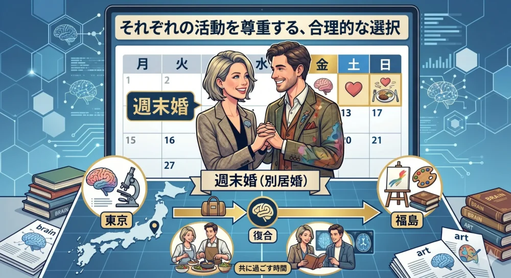 中野信子さんの夫との「週末婚(別居婚)」というスタイルを、カレンダーと地図で表現したイラスト