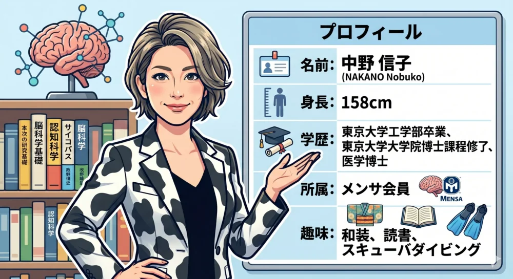 脳科学者・中野信子さんの基本プロフィール(身長158cm、東大卒、医学博士、メンサ会員)をまとめたインフォグラフィック