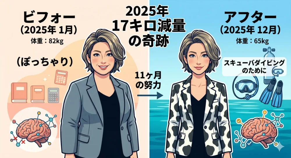 中野信子さんの2025年17キロ減量エピソードを表現した、ビフォーアフターのイラスト