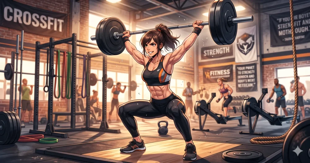 クロスフィットジムで本格的な筋トレを行い、引き締まったスタイルを維持する女性のトレーニング風景イラスト。