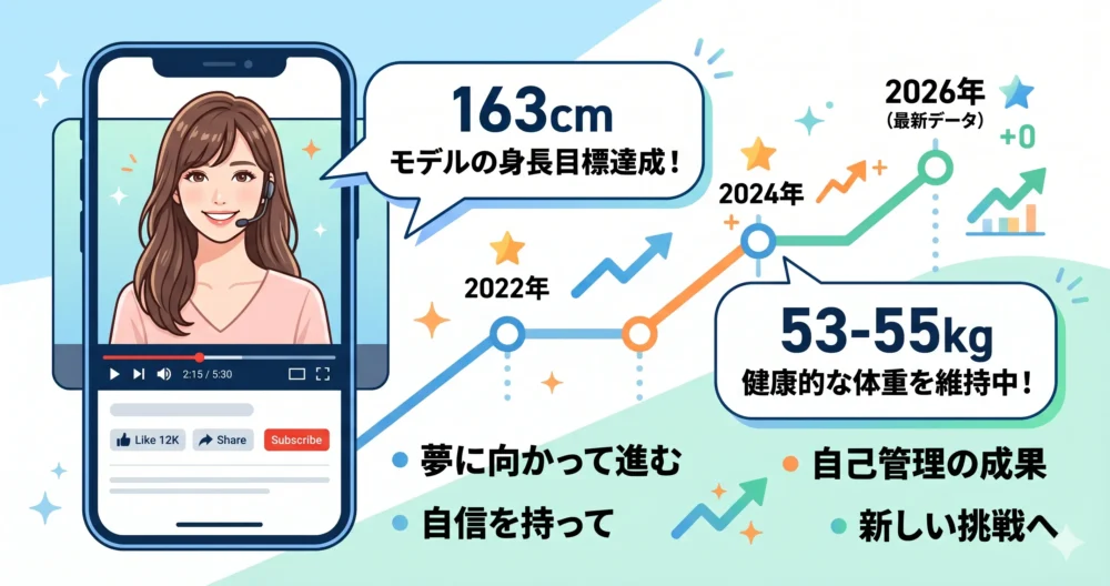 YouTubeでの発信や、身長163cm・体重53〜55kgの変遷をポジティブに表現したイメージイラスト。