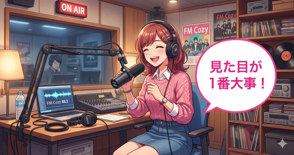ラジオ番組で体重計に乗らない主義や見た目の大切さを語る、ポジティブな女性のイラスト。