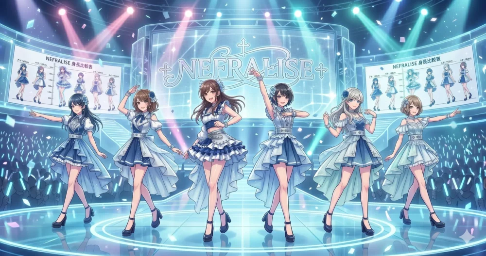 芸能事務所PLATINUM PIXEL所属の高身長アイドルグループ「NEFRALISE(ネフラリゼ)」の、可憐で大人びた美しいステージパフォーマンスのイラスト