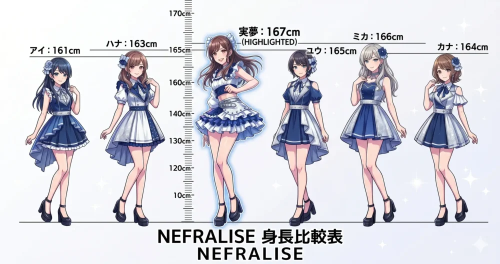 全員が身長160cm以上の高身長女性アイドルグループ「NEFRALISE(ネフラリゼ)」のメンバーがステージに並ぶ身長比較の図解イラスト