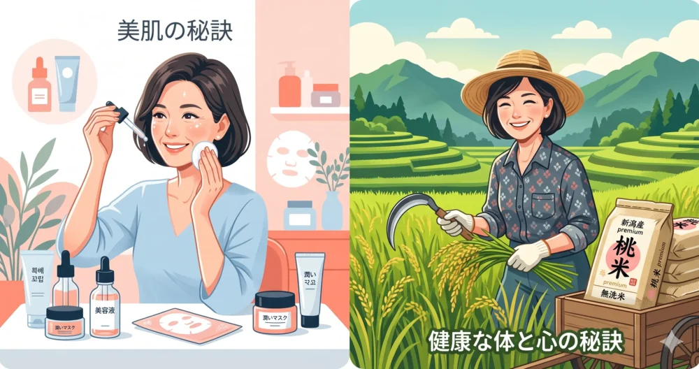 60代とは思えない若々しい美肌を持ち、新潟の田んぼで農作業を楽しむ笑顔の女性のイラスト