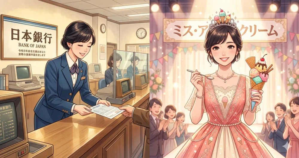 昭和後期の銀行員スーツ姿の美しい女性と、華やかなミス・コンテストのティアラを被った姿の比較イラスト