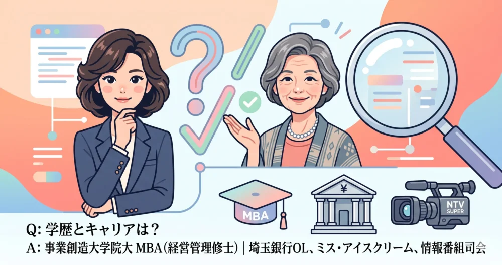 大桃美代子さんの学歴や経歴などの疑問をスッキリ解決する、Q&A・FAQをイメージしたかわいいイラスト