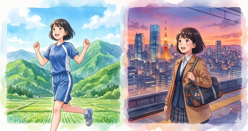 新潟の豊かな自然をバックに、陸上部のユニフォーム姿で笑顔を見せる女子学生のイラスト
