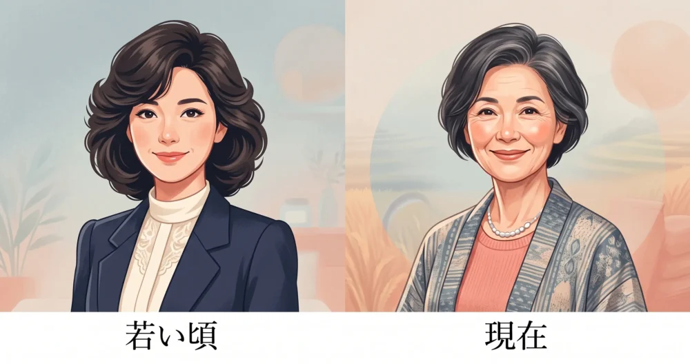 大桃美代子さんの若い頃のキリッとした美しさと、現在の優しく洗練された美しさを並べたビフォーアフター比較イラスト