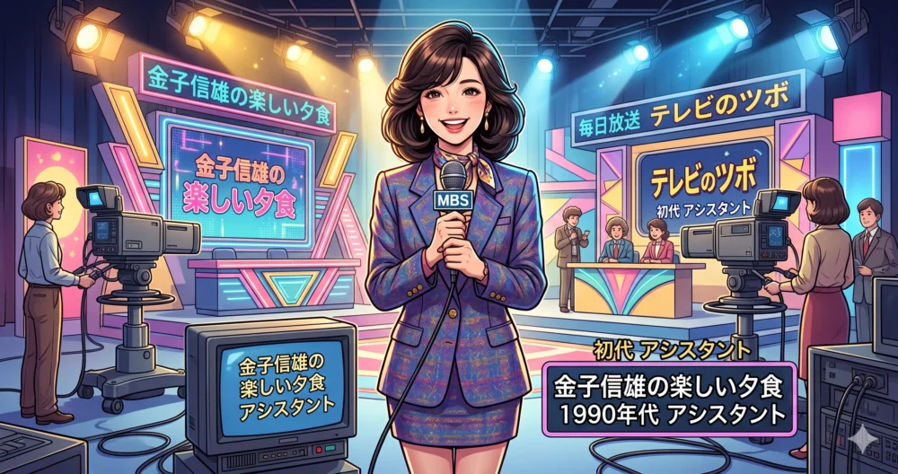 1990年代のテレビスタジオで、マイクを持ち笑顔で番組を進行する女性アシスタントタレントのイラスト