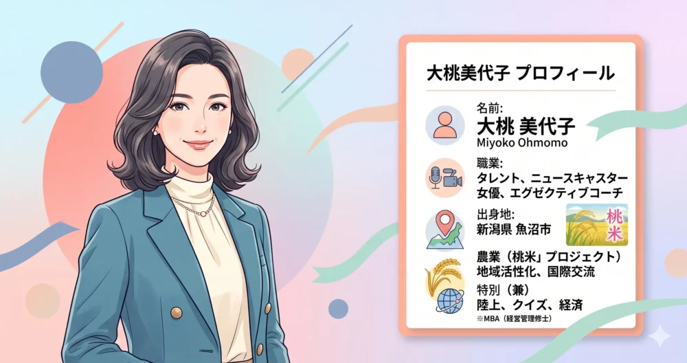 大桃美代子さんの若い頃のプロフィールをイメージした、知的で爽やかな女性のイラスト図解