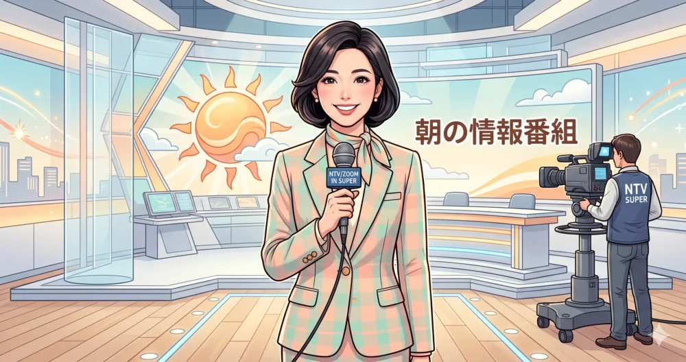 朝の情報番組で爽やかな笑顔を見せる、知的な女性総合司会キャスターのイラスト