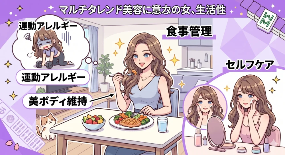 運動アレルギーでありながら食事管理とセルフケアで美ボディを維持する様子を描いたイラスト。