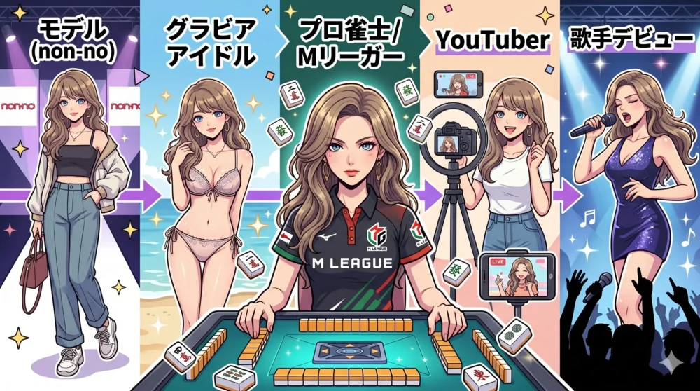 モデル、グラビア、プロ雀士、そしてYouTuber、歌手としての活動の変化をまとめたイラスト。