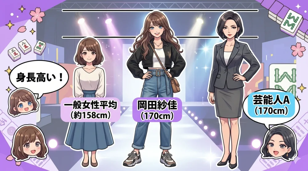 岡田紗佳（170cm）と一般女性平均（158cm）、そして他の芸能人（例：和田アキ子）の身長を比較したイラスト。