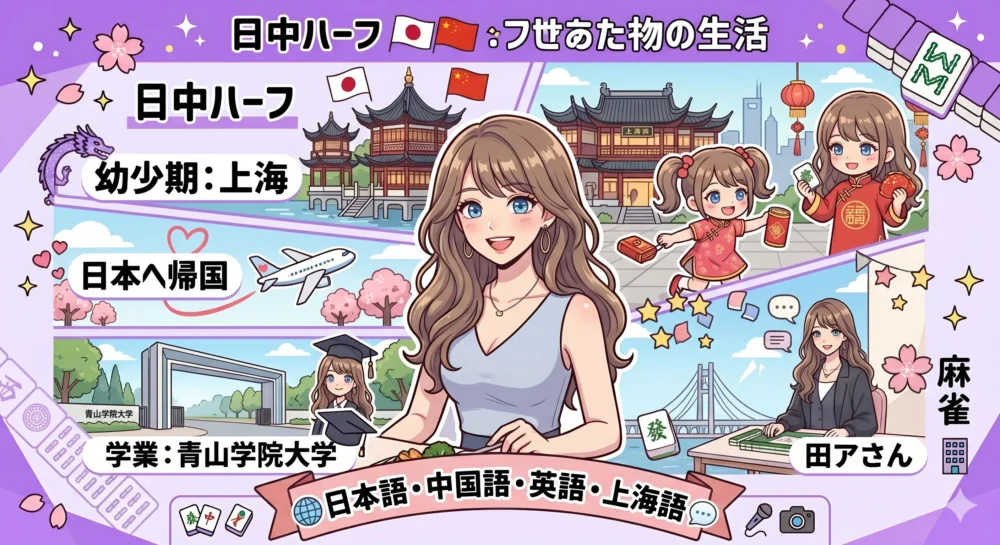 日中ハーフとしてのルーツ、上海での生活、青山学院大学での学業などを描いたイラスト。