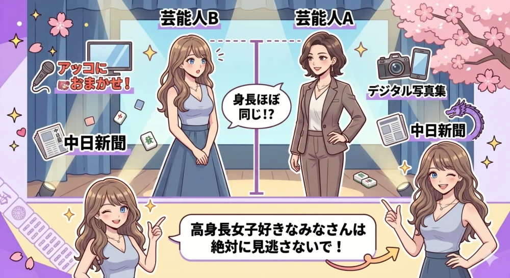 和田アキ子との身長比較や、自身のスタイルへの自信満々なコメントなどのエピソードを描いたイラスト。