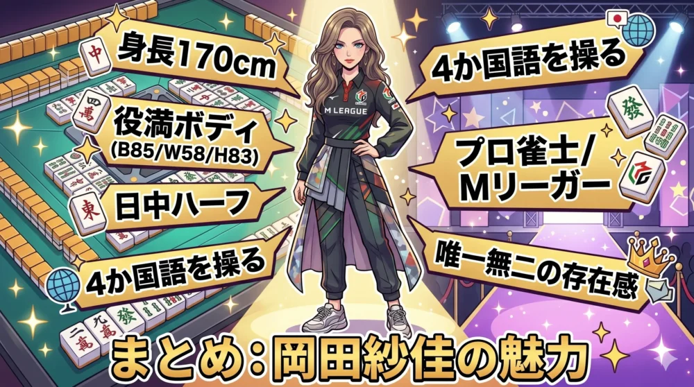 170cmの身長が生み出す、モデル・プロ雀士としての唯一無二の存在感をまとめたイラスト。