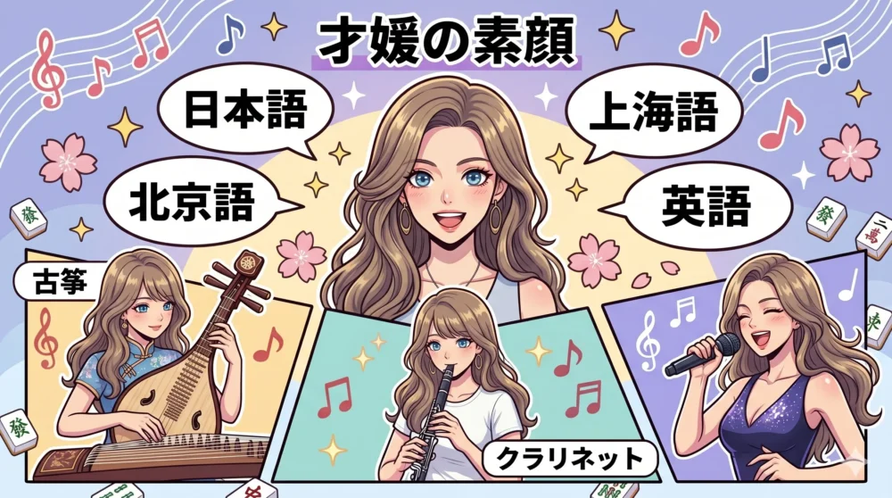 4か国語の語学力と、古筝、クラリネット、歌唱などの多彩な才能を描いたイラスト。