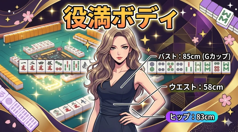 役満ボディ（Gカップ×ウエスト58cm）を象徴する、麻雀牌とメリハリのあるボディラインを組み合わせたイラスト。