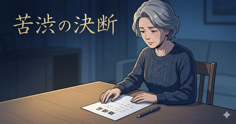 離婚届を前にして複雑な心境で悩む女性の葛藤を描いたイラスト