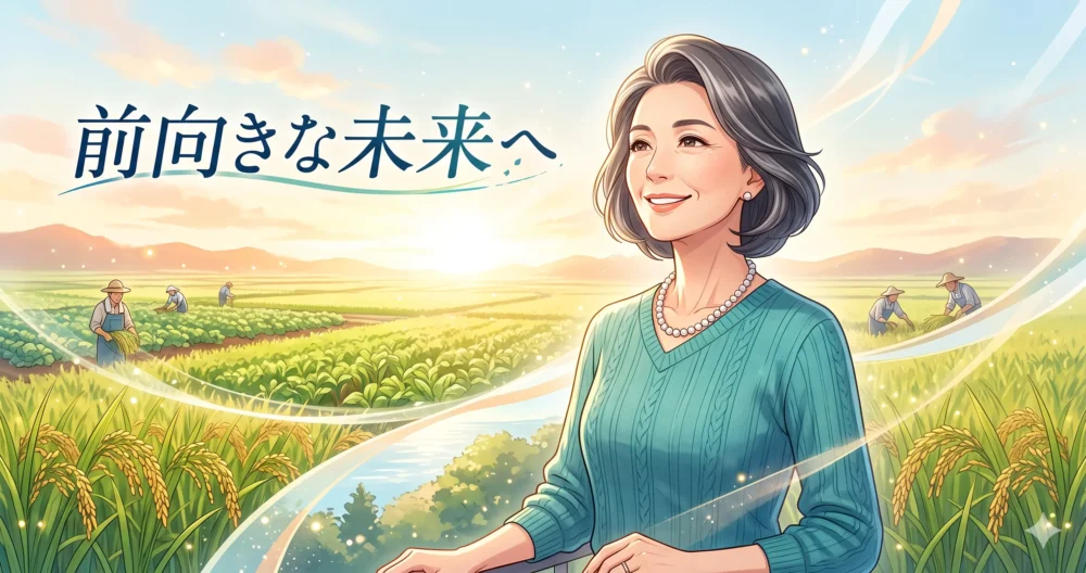 60代を迎えても農業やコーチング資格に挑戦し、未来への希望を持って前向きに輝く女性のイラスト
