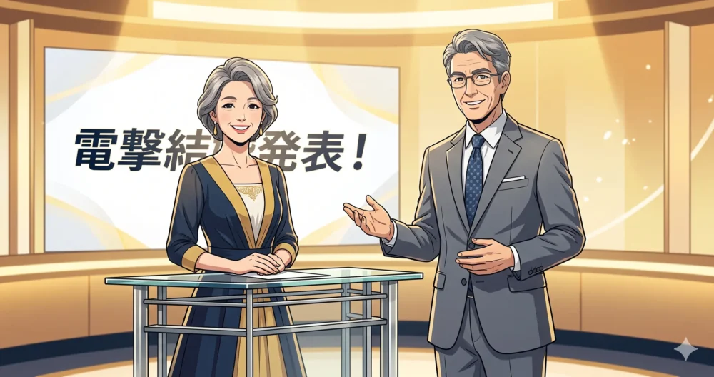 朝のテレビ番組の生放送で結婚を発表する男女の幸せそうなイラスト