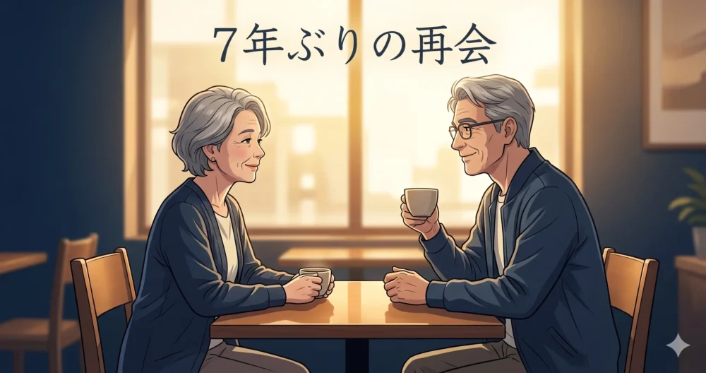 カフェで何年ぶりかに再会し、穏やかに言葉を交わす大人の男女のイラスト